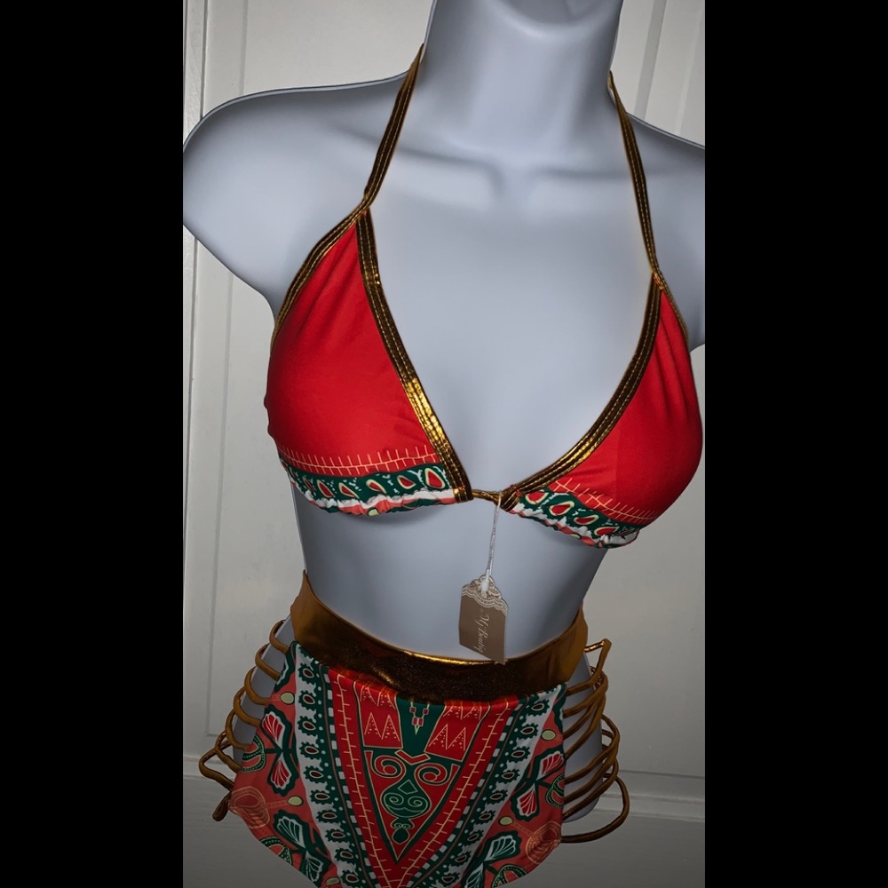 Two piece red metallic bathing suit